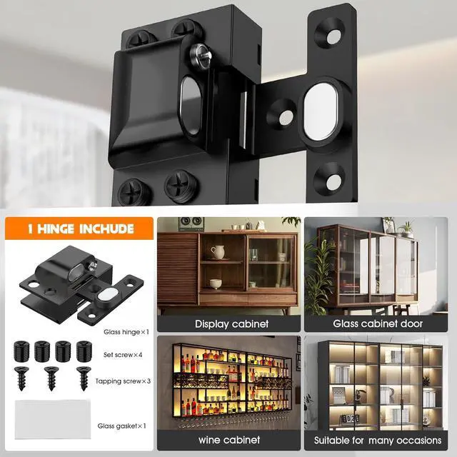 Alt view image 7 of 7 - Glass Door Hinges,Glass Hinges,Glass Cabinet Hinges,304 Stainless Steel,Silent Closing for Thickness 5-8mm Doors (Black,4 Pack)