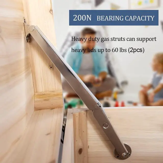 Alt view image 2 of 7 - 200N-60lbs Chest Heavy Duty Soft Close Lid Support Hinges Large & Long Chest Hinges for Wooden Box, Slow Lowering Pneumatic Heavy Lid Lifter Gas Struts