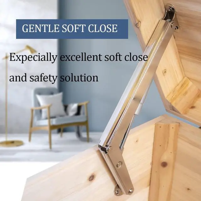 Alt view image 3 of 7 - 200N-60lbs Chest Heavy Duty Soft Close Lid Support Hinges Large & Long Chest Hinges for Wooden Box, Slow Lowering Pneumatic Heavy Lid Lifter Gas Struts
