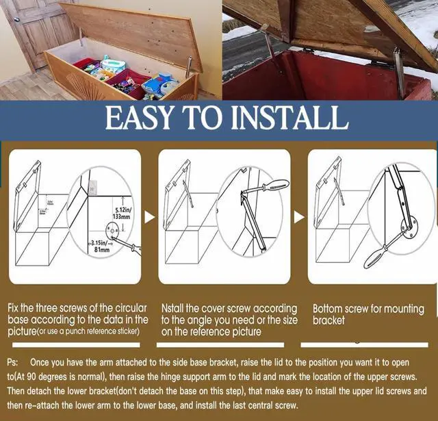 Alt view image 4 of 7 - 200N-60lbs Chest Heavy Duty Soft Close Lid Support Hinges Large & Long Chest Hinges for Wooden Box, Slow Lowering Pneumatic Heavy Lid Lifter Gas Struts
