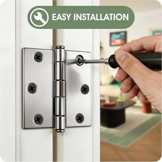 Alt view image 4 of 7 - 3 Inch Door Hinges, 24 Pack Brushed Nickel Loaded Hinges Silent Heavy Duty Metal Silver Square Door Hinge Rust Resistant 6 Hole Door Hardware for Hollow Core Doors