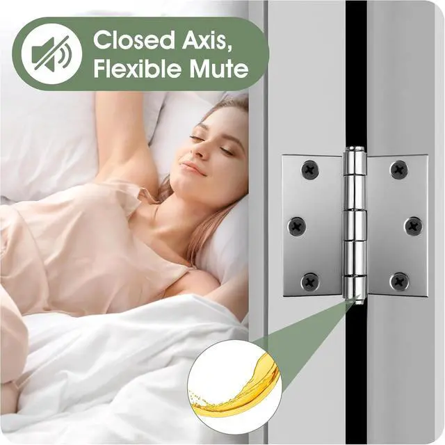 Alt view image 6 of 7 - 3 Inch Door Hinges, 24 Pack Brushed Nickel Loaded Hinges Silent Heavy Duty Metal Silver Square Door Hinge Rust Resistant 6 Hole Door Hardware for Hollow Core Doors