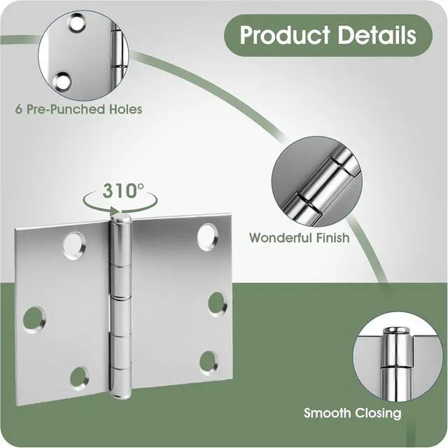 Alt view image 7 of 7 - 3 Inch Door Hinges, 24 Pack Brushed Nickel Loaded Hinges Silent Heavy Duty Metal Silver Square Door Hinge Rust Resistant 6 Hole Door Hardware for Hollow Core Doors