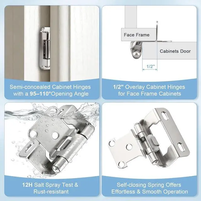 Alt view image 2 of 7 - 50 Pack (25 Pairs) 1/2" Semi Overlay Self Closing Cabinet Hinges, Face Frame Cabinet Door Hinges Half Wrap Around, Kitchen Cabinet Hinges Easy Install with Quiet Bumper, 95-110°, Satin Nickel