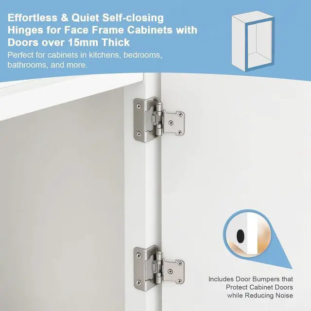 Alt view image 3 of 7 - 50 Pack (25 Pairs) 1/2" Semi Overlay Self Closing Cabinet Hinges, Face Frame Cabinet Door Hinges Half Wrap Around, Kitchen Cabinet Hinges Easy Install with Quiet Bumper, 95-110°, Satin Nickel