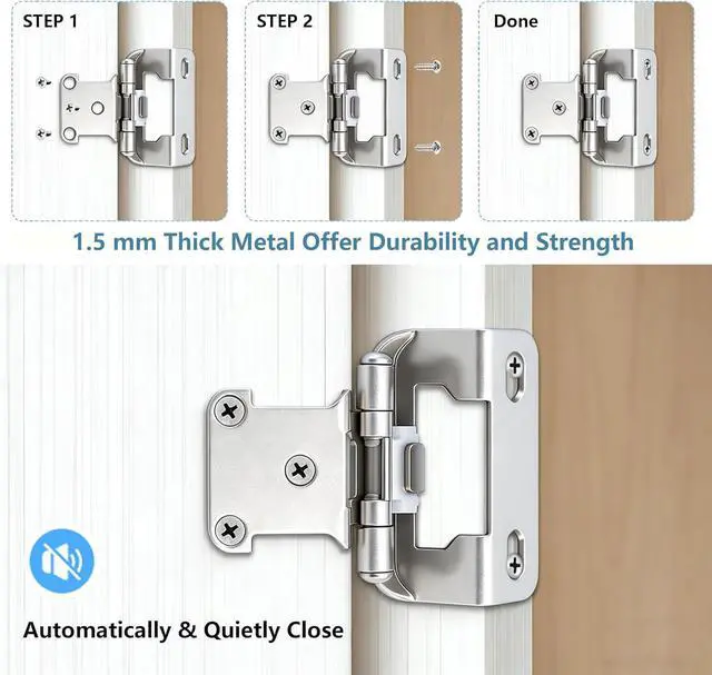 Alt view image 4 of 7 - 50 Pack (25 Pairs) 1/2" Semi Overlay Self Closing Cabinet Hinges, Face Frame Cabinet Door Hinges Half Wrap Around, Kitchen Cabinet Hinges Easy Install with Quiet Bumper, 95-110°, Satin Nickel
