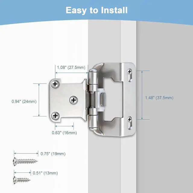 Alt view image 5 of 7 - 50 Pack (25 Pairs) 1/2" Semi Overlay Self Closing Cabinet Hinges, Face Frame Cabinet Door Hinges Half Wrap Around, Kitchen Cabinet Hinges Easy Install with Quiet Bumper, 95-110°, Satin Nickel