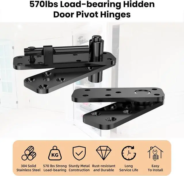 Alt view image 2 of 7 - Hidden Door Hinge Pivot Hinge, 570LBS Load-Bearing Heavy Duty Pivot Door Hardware for Hidden Door Bookcase, Hinge Kit 360° Rotation Invisible Door Hinges for Secret Door (Black)