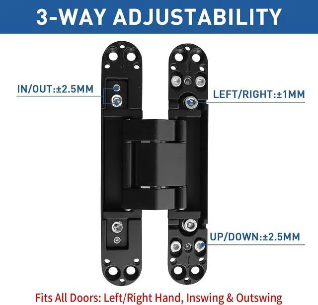Alt view image 3 of 7 - 6inch Hidden Door Hinges Invisible Hinges Concealed Hinge Zinc Alloy 180 Degree 3 Way Adjustable Butt Hinge 6 x 2.5 x 1 inch Black for Secret Room & Hidden Bookcase Bookshelf (2 Pack)