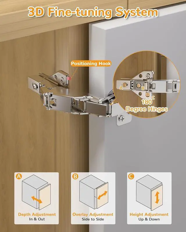 Alt view image 3 of 7 - 4 Pack 180 Degree Soft Close Cabinet Hinges, Lazy Susan & Kitchen Corner, 48mm Hole Distance, Concealed Face Frame & Frameless, Hidden Self Closing, Smooth Slow 3D Adjustment for Fold Cupboard