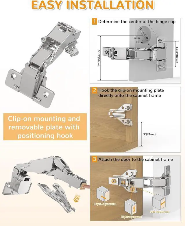 Alt view image 4 of 7 - 4 Pack 180 Degree Soft Close Cabinet Hinges, Lazy Susan & Kitchen Corner, 48mm Hole Distance, Concealed Face Frame & Frameless, Hidden Self Closing, Smooth Slow 3D Adjustment for Fold Cupboard