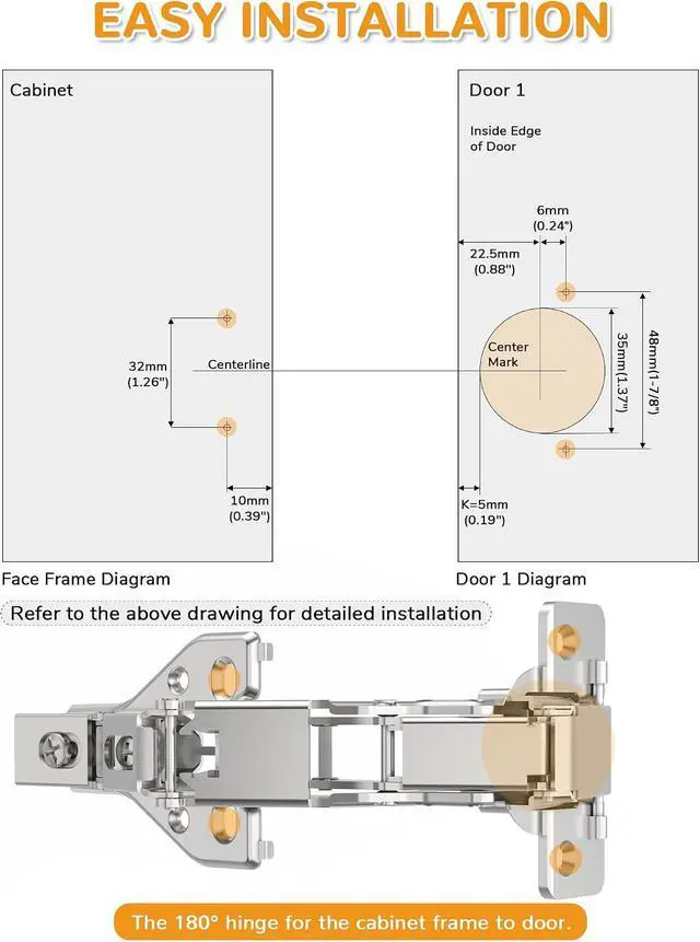 Alt view image 5 of 7 - 4 Pack 180 Degree Soft Close Cabinet Hinges, Lazy Susan & Kitchen Corner, 48mm Hole Distance, Concealed Face Frame & Frameless, Hidden Self Closing, Smooth Slow 3D Adjustment for Fold Cupboard