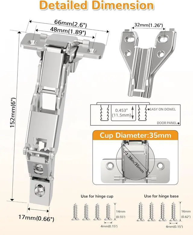 Alt view image 6 of 7 - 4 Pack 180 Degree Soft Close Cabinet Hinges, Lazy Susan & Kitchen Corner, 48mm Hole Distance, Concealed Face Frame & Frameless, Hidden Self Closing, Smooth Slow 3D Adjustment for Fold Cupboard