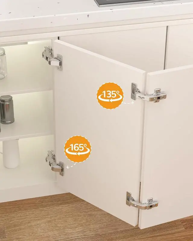 Alt view image 7 of 7 - 2 Pair 135 Degree & 165 Degree Hinges Kit for Pie Corner Cabinets, Hidden Lazy Susan, Face Frame Self Closing, Clip On, Smooth Slow Close, Concealed Mount for Bi-fold Door, Kitchen Cupboard