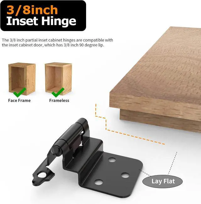 Alt view image 3 of 7 - 3/8 Inch Inset Cabinet Hinges, 25 Pairs(50 Pack) Self Closing Flush Face Mount Hinges with Door Bumper, Variable Decorative Hardware for Bathroom, Furniture, Kitchen Cabinet Doors, Matte Black
