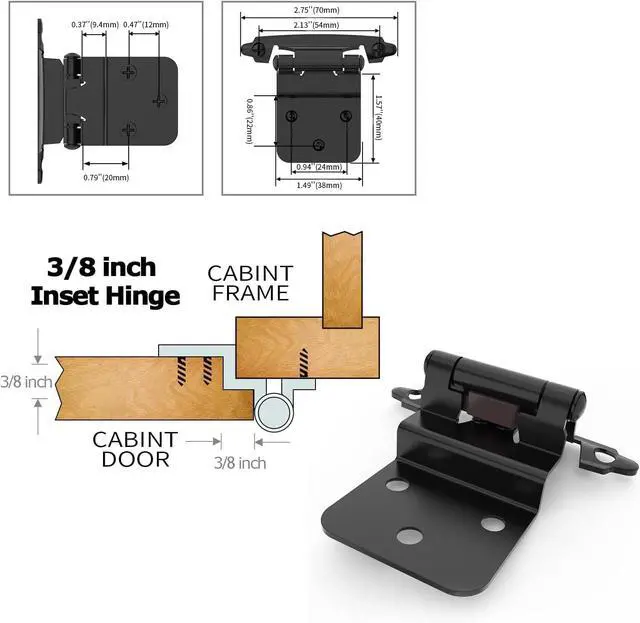Alt view image 4 of 7 - 3/8 Inch Inset Cabinet Hinges, 25 Pairs(50 Pack) Self Closing Flush Face Mount Hinges with Door Bumper, Variable Decorative Hardware for Bathroom, Furniture, Kitchen Cabinet Doors, Matte Black
