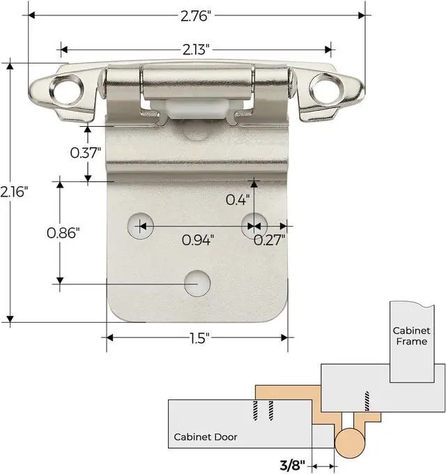 Alt view image 5 of 7 - 50 Pack (25 Pairs) 3/8 Inch Insert Kitchen Cabinet Hinges, Satin Nickel Self Closing Hinges for Kitchen Cabinet Doors, Semi-Concealed Cupboard Hardware, Face Mount Hardware, Silver