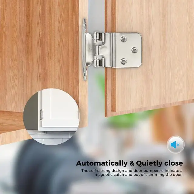 Alt view image 6 of 7 - 50 Pack (25 Pairs) 3/8 Inch Insert Kitchen Cabinet Hinges, Satin Nickel Self Closing Hinges for Kitchen Cabinet Doors, Semi-Concealed Cupboard Hardware, Face Mount Hardware, Silver