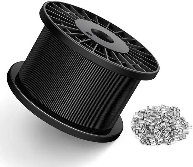 Main image of Black Vinyl Coated Wire Rope 1/16", 600FT 304 Stainless Steel Cable with 250PCS Aluminum Crimping Loop Sleeves for String Light Cable, Clotheslines, Trellis and Light Picuture Hanging