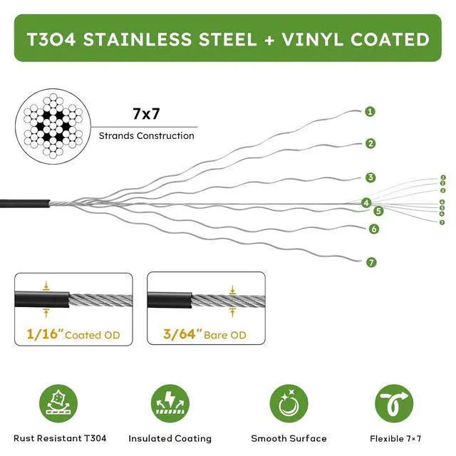 Alt view image 3 of 7 - Black Vinyl Coated Wire Rope 1/16", 600FT 304 Stainless Steel Cable with 250PCS Aluminum Crimping Loop Sleeves for String Light Cable, Clotheslines, Trellis and Light Picuture Hanging