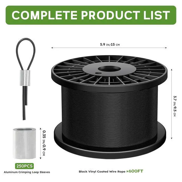 Alt view image 2 of 7 - Black Vinyl Coated Wire Rope 1/16", 600FT 304 Stainless Steel Cable with 250PCS Aluminum Crimping Loop Sleeves for String Light Cable, Clotheslines, Trellis and Light Picuture Hanging