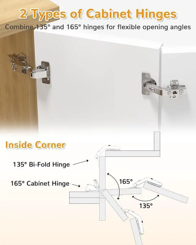 Alt view image 2 of 7 - 2 Pair 135 Degree & 165 Degree Hinges Kit for Pie Corner Cabinets, Hidden Lazy Susan, Face Frame Self Closing, Clip On, Smooth Slow Close, Concealed Mount for Bi-fold Door, Kitchen Cupboard
