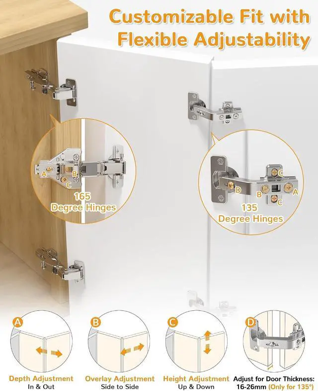 Alt view image 3 of 7 - 2 Pair 135 Degree & 165 Degree Hinges Kit for Pie Corner Cabinets, Hidden Lazy Susan, Face Frame Self Closing, Clip On, Smooth Slow Close, Concealed Mount for Bi-fold Door, Kitchen Cupboard