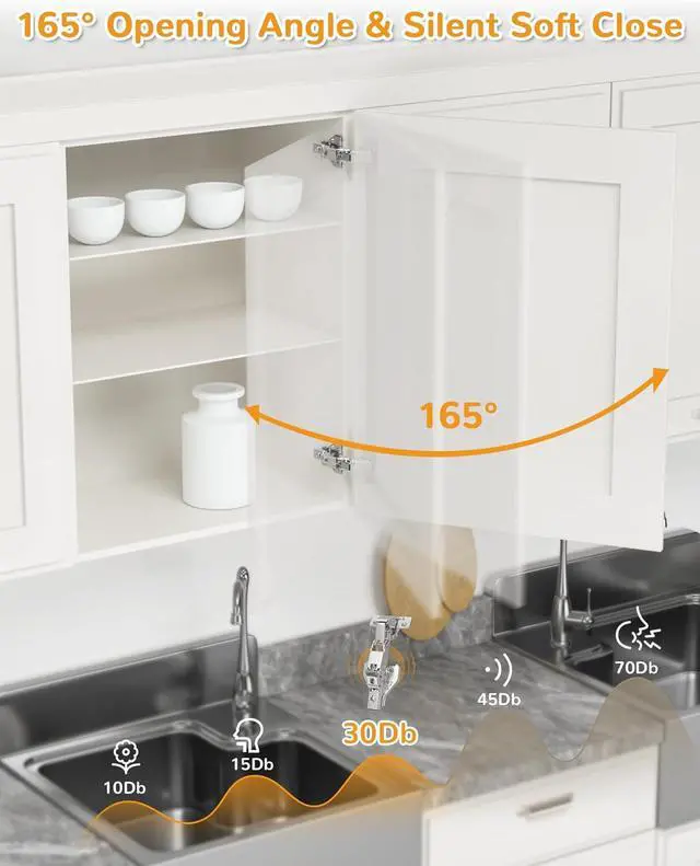 Alt view image 4 of 7 - 2 Pair 135 Degree & 165 Degree Hinges Kit for Pie Corner Cabinets, Hidden Lazy Susan, Face Frame Self Closing, Clip On, Smooth Slow Close, Concealed Mount for Bi-fold Door, Kitchen Cupboard