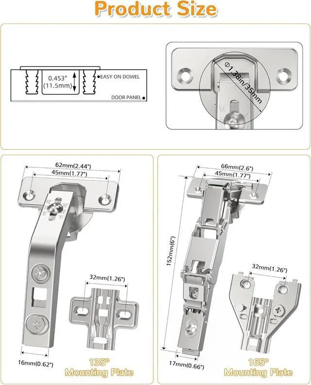Alt view image 6 of 7 - 2 Pair 135 Degree & 165 Degree Hinges Kit for Pie Corner Cabinets, Hidden Lazy Susan, Face Frame Self Closing, Clip On, Smooth Slow Close, Concealed Mount for Bi-fold Door, Kitchen Cupboard