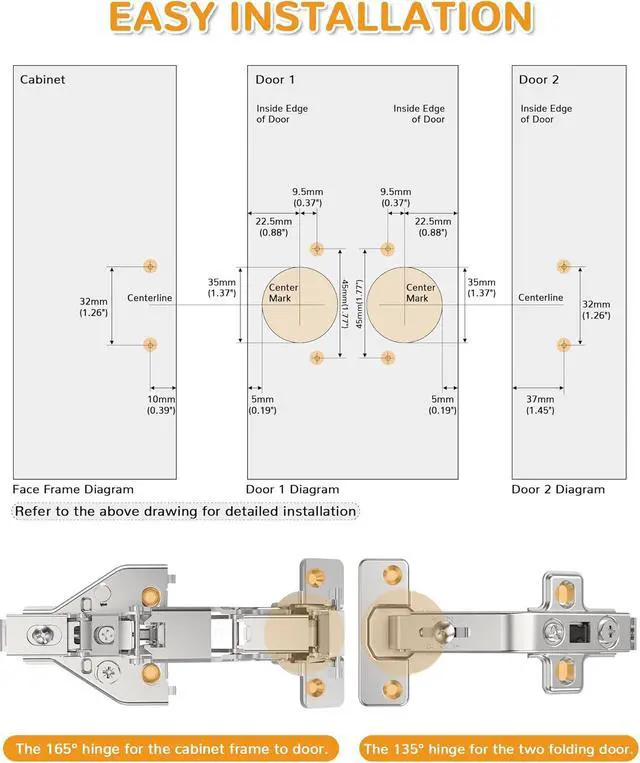 Alt view image 5 of 7 - 2 Pair 135 Degree & 165 Degree Hinges Kit for Pie Corner Cabinets, Hidden Lazy Susan, Face Frame Self Closing, Clip On, Smooth Slow Close, Concealed Mount for Bi-fold Door, Kitchen Cupboard