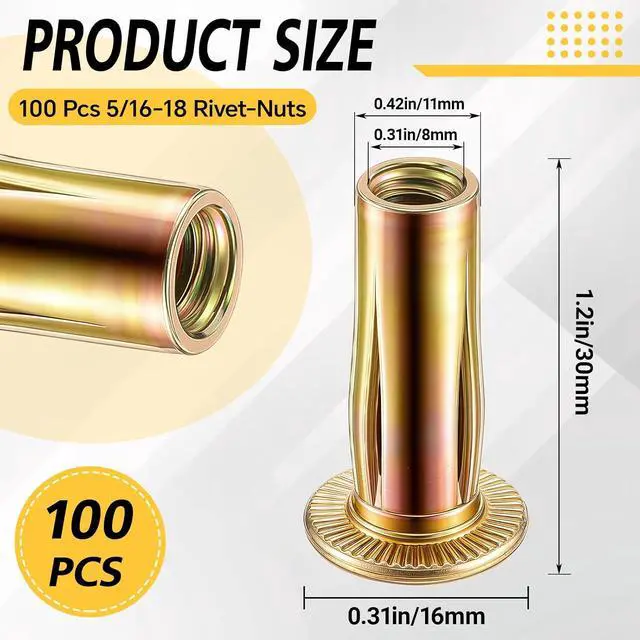 Alt view image 2 of 6 - 100 Pcs 5/16-18 Rivet Nuts, Multi Grip Threaded Insert Nut Kit, Zinc Plated Steel Flat Head Nutserts for Sheet Metal, Automotive, DIY Repair