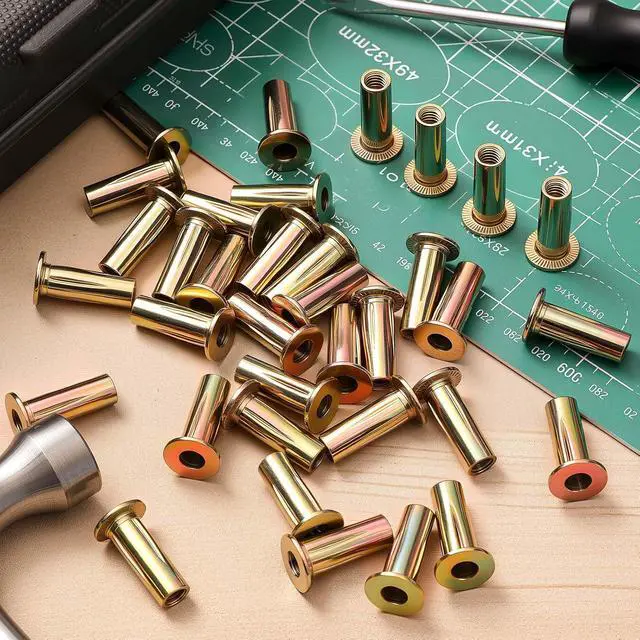 Alt view image 4 of 6 - 100 Pcs 5/16-18 Rivet Nuts, Multi Grip Threaded Insert Nut Kit, Zinc Plated Steel Flat Head Nutserts for Sheet Metal, Automotive, DIY Repair