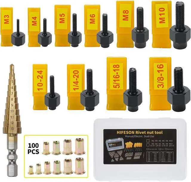 Main image of Rivet Nut Tool,Hand Nuts Riveter,Rivnut Tool with Metric and SAE,Rivet Nut Tool Rivet Nut Kit with a Step Drill Bit & 100 Rivet Nuts Assortment Kit