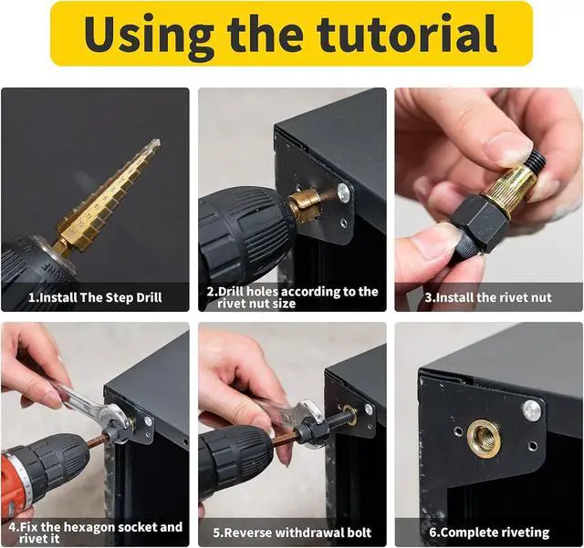 Alt view image 4 of 6 - Rivet Nut Tool,Hand Nuts Riveter,Rivnut Tool with Metric and SAE,Rivet Nut Tool Rivet Nut Kit with a Step Drill Bit & 100 Rivet Nuts Assortment Kit