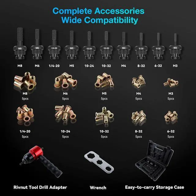 Alt view image 5 of 7 - Rivet Nut Tool Rivet Nut Kit, Rivet Nut Gun Adapter Compatible with Cordless Drill & Ratchet Wrench, Newly Labor-Saving Rivnut Tool with 10 Mandrels & 50 Rivet Nuts, Rugged Carrying Case