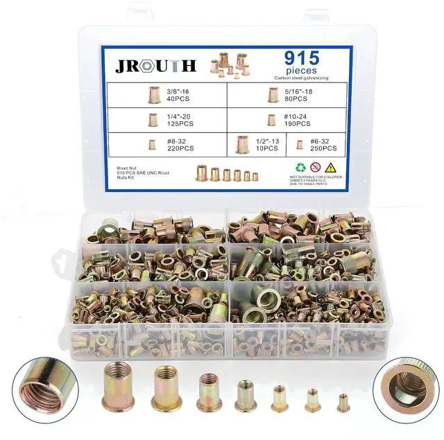 Main image of 915pcs Rivet Nut Kit SAE UNC Rivet Nuts Assortment 6#-32, 8#-32, 10#-24, 1/4"-20, 5/16"-18, 3/8"-16, 1/2"-13, Zinc Plated Carbon Steel Nut Inserts Rivnuts Nutserts Kit -