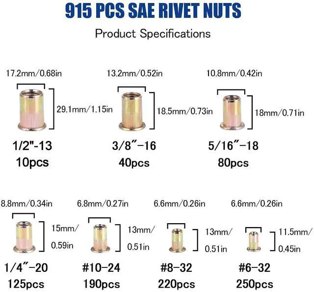 Alt view image 2 of 6 - 915pcs Rivet Nut Kit SAE UNC Rivet Nuts Assortment 6#-32, 8#-32, 10#-24, 1/4"-20, 5/16"-18, 3/8"-16, 1/2"-13, Zinc Plated Carbon Steel Nut Inserts Rivnuts Nutserts Kit -