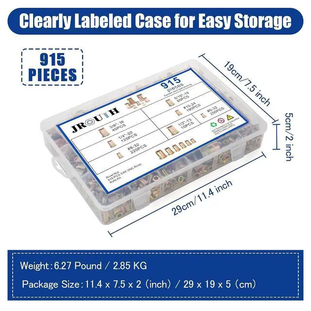 Alt view image 6 of 6 - 915pcs Rivet Nut Kit SAE UNC Rivet Nuts Assortment 6#-32, 8#-32, 10#-24, 1/4"-20, 5/16"-18, 3/8"-16, 1/2"-13, Zinc Plated Carbon Steel Nut Inserts Rivnuts Nutserts Kit -