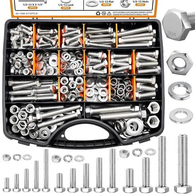 Main image of 312PCS Hex Bolts and Nuts Assortment Kit,4 Sizes (1/4-20,5/16-18,3/8-16,1/2-13") 304 Stainless Steel Hex Bolts and Nuts Washers Kit Hardware Screws Set Flat & Spring Lock Washers