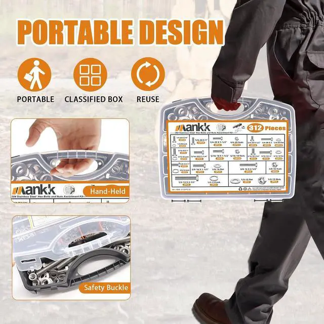 Alt view image 2 of 7 - 312PCS Hex Bolts and Nuts Assortment Kit,4 Sizes (1/4-20,5/16-18,3/8-16,1/2-13") 304 Stainless Steel Hex Bolts and Nuts Washers Kit Hardware Screws Set Flat & Spring Lock Washers