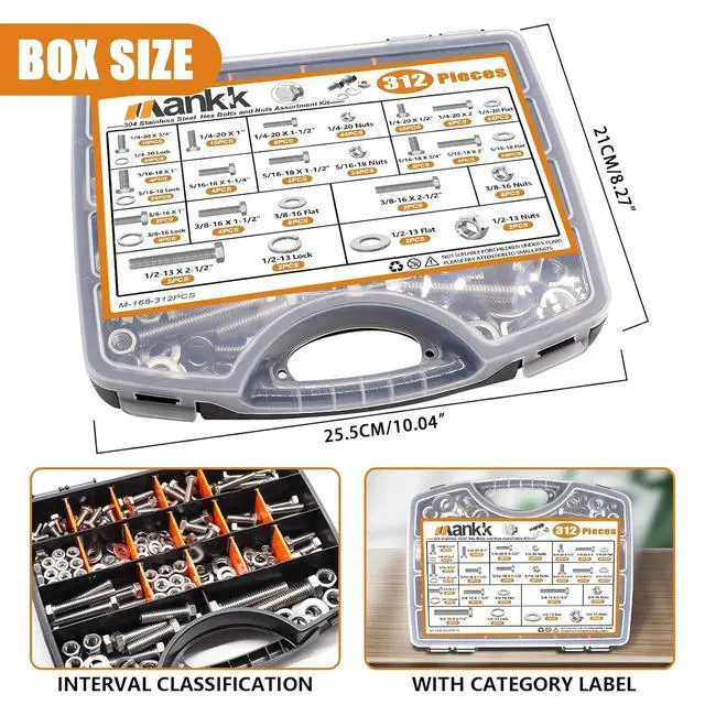 Alt view image 3 of 7 - 312PCS Hex Bolts and Nuts Assortment Kit,4 Sizes (1/4-20,5/16-18,3/8-16,1/2-13") 304 Stainless Steel Hex Bolts and Nuts Washers Kit Hardware Screws Set Flat & Spring Lock Washers