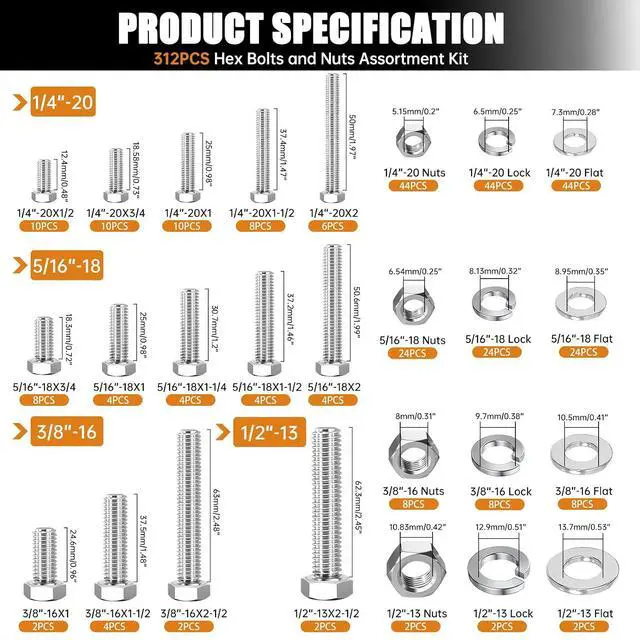 Alt view image 4 of 7 - 312PCS Hex Bolts and Nuts Assortment Kit,4 Sizes (1/4-20,5/16-18,3/8-16,1/2-13") 304 Stainless Steel Hex Bolts and Nuts Washers Kit Hardware Screws Set Flat & Spring Lock Washers
