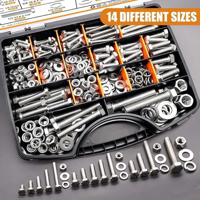 Alt view image 5 of 7 - 312PCS Hex Bolts and Nuts Assortment Kit,4 Sizes (1/4-20,5/16-18,3/8-16,1/2-13") 304 Stainless Steel Hex Bolts and Nuts Washers Kit Hardware Screws Set Flat & Spring Lock Washers