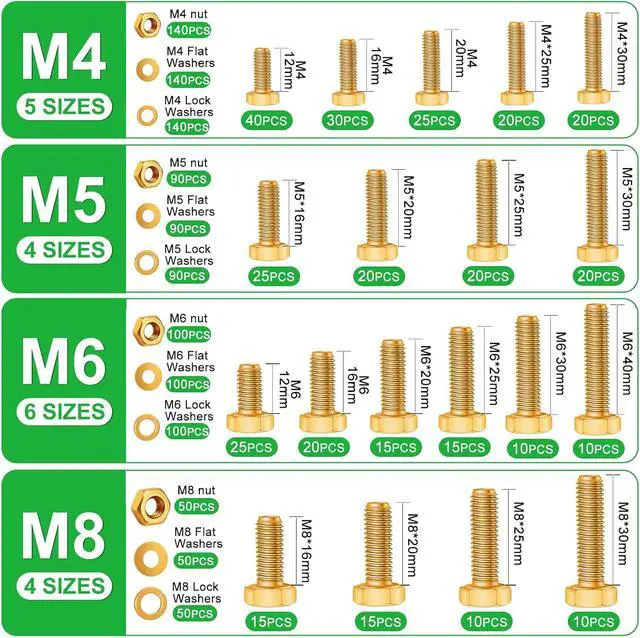 Alt view image 2 of 7 - /1505PCS Metric Bolt Assortment M4/M5/M6/M8 Length from 12-40mm Grade 8.8 Hex Head Nuts and Bolts Assortment Kit,Heavy Duty Bolts and Nuts Kit, Flat & Spring Lock Washer Gold Zinc Plating