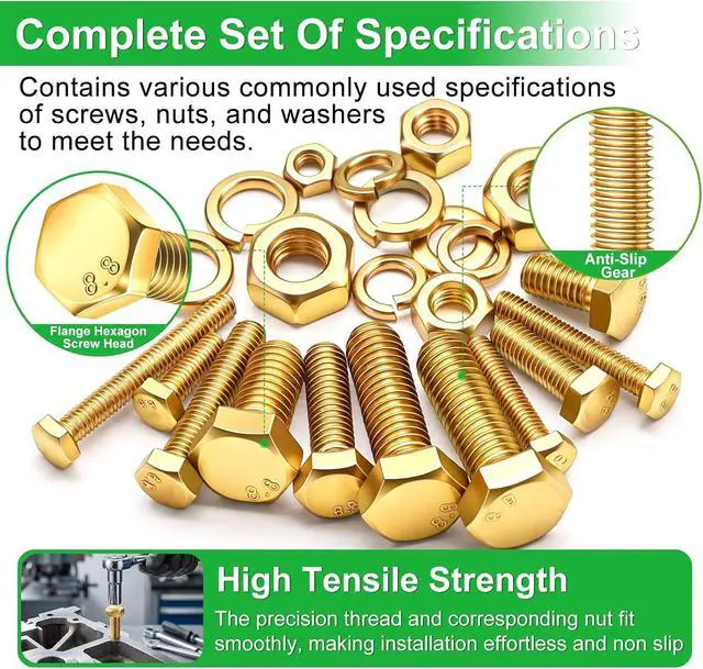 Alt view image 4 of 7 - /1505PCS Metric Bolt Assortment M4/M5/M6/M8 Length from 12-40mm Grade 8.8 Hex Head Nuts and Bolts Assortment Kit,Heavy Duty Bolts and Nuts Kit, Flat & Spring Lock Washer Gold Zinc Plating
