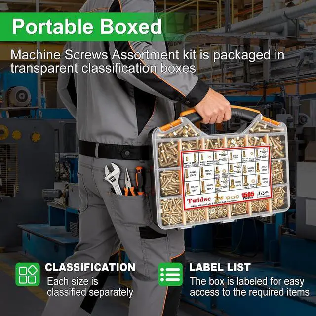 Alt view image 5 of 7 - /1505PCS Metric Bolt Assortment M4/M5/M6/M8 Length from 12-40mm Grade 8.8 Hex Head Nuts and Bolts Assortment Kit,Heavy Duty Bolts and Nuts Kit, Flat & Spring Lock Washer Gold Zinc Plating