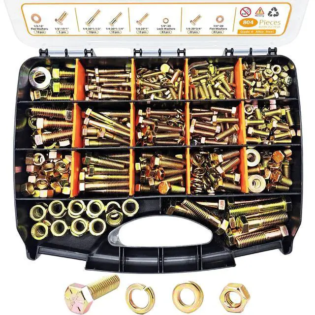 Main image of 804PCS Assorted Nuts and Bolts with Washers, Grade 8 Bolt Assortment Kit, Including 1/4-20, 5/16-18, 3/8-16, 1/2-13 SAE Size,Yellow Zinc Plated for Automotive,Truck & Mechanical Repair