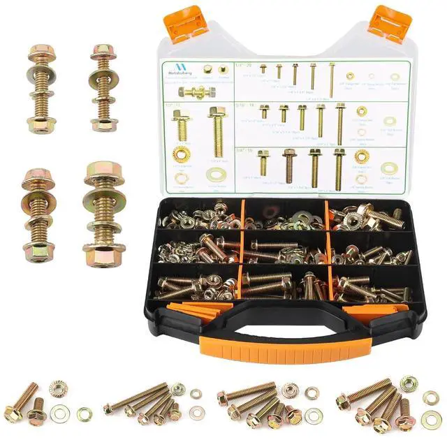 Main image of 568pcs SAE 1/4" 5/16" 3/8" 1/2" Flange serrate Bolt and nut,Spring and Flat Washer Assortment Kit by Color Galvanization,Alloy Steel,Grade 5,Length 1/2" to 2-1/2",23 Common Size.