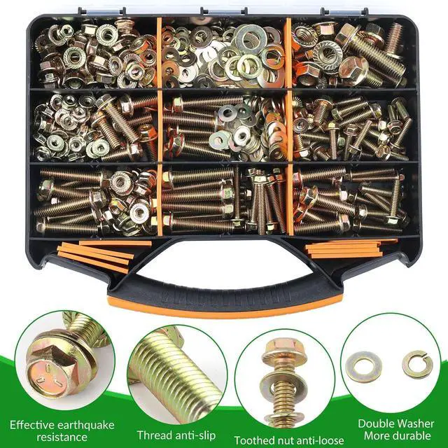 Alt view image 7 of 7 - 568pcs SAE 1/4" 5/16" 3/8" 1/2" Flange serrate Bolt and nut,Spring and Flat Washer Assortment Kit by Color Galvanization,Alloy Steel,Grade 5,Length 1/2" to 2-1/2",23 Common Size.