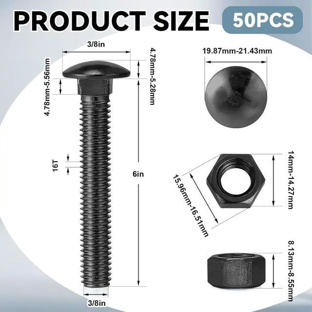 Alt view image 2 of 6 - 50 Pack 3/8 x 6 Long Carriage Bolts with Nuts, Galvanized Steel (Black)
